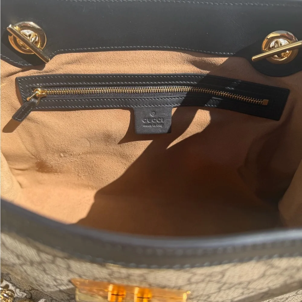 Gucci Beige GG Supreme Canvas Tote with Black Leather Trim and Gold Hardware